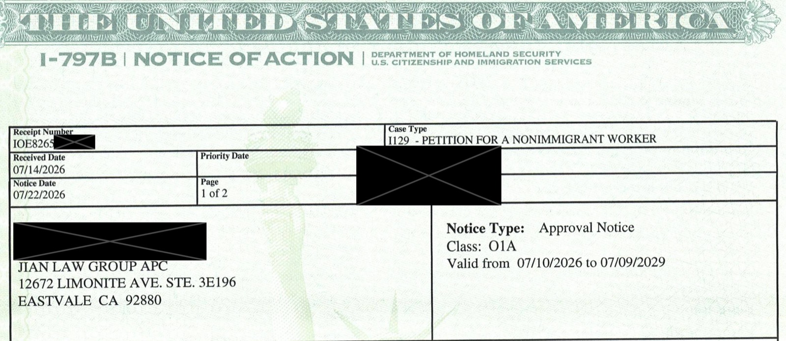 Redacted USCIS I-797B approval notice for an O-1A petition